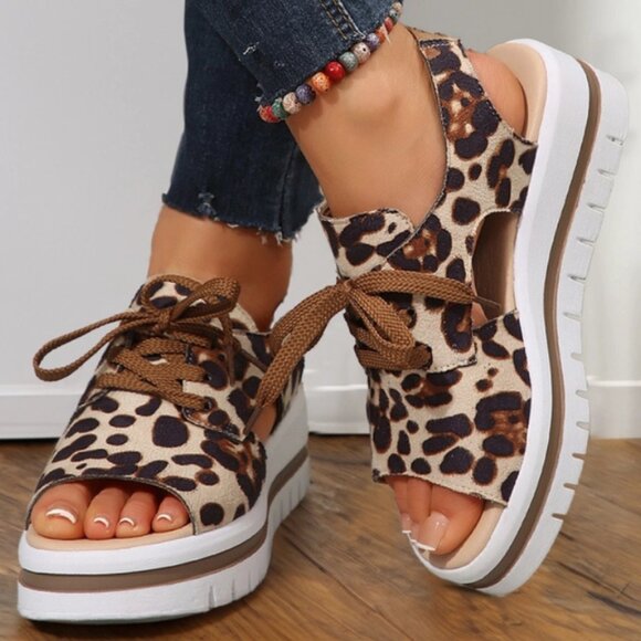 Leopard Print Hollow Out Lace-Up Wedge Sandals - Picture 3 of 3